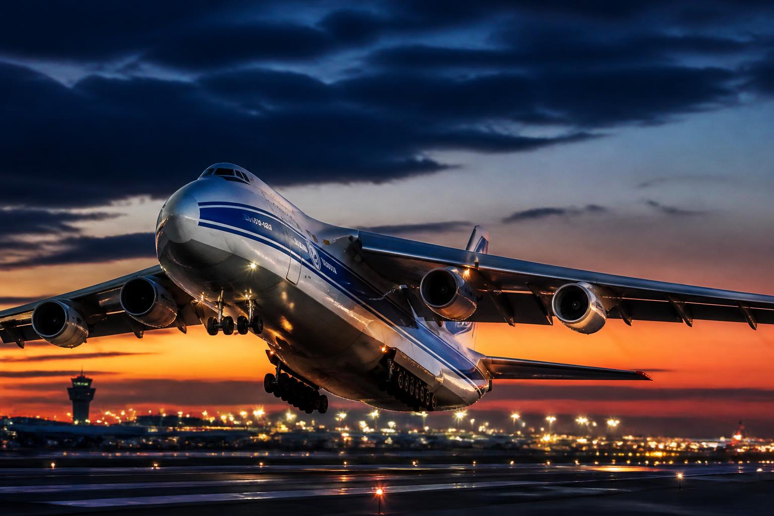 Cargo aircraft taking off at dusk